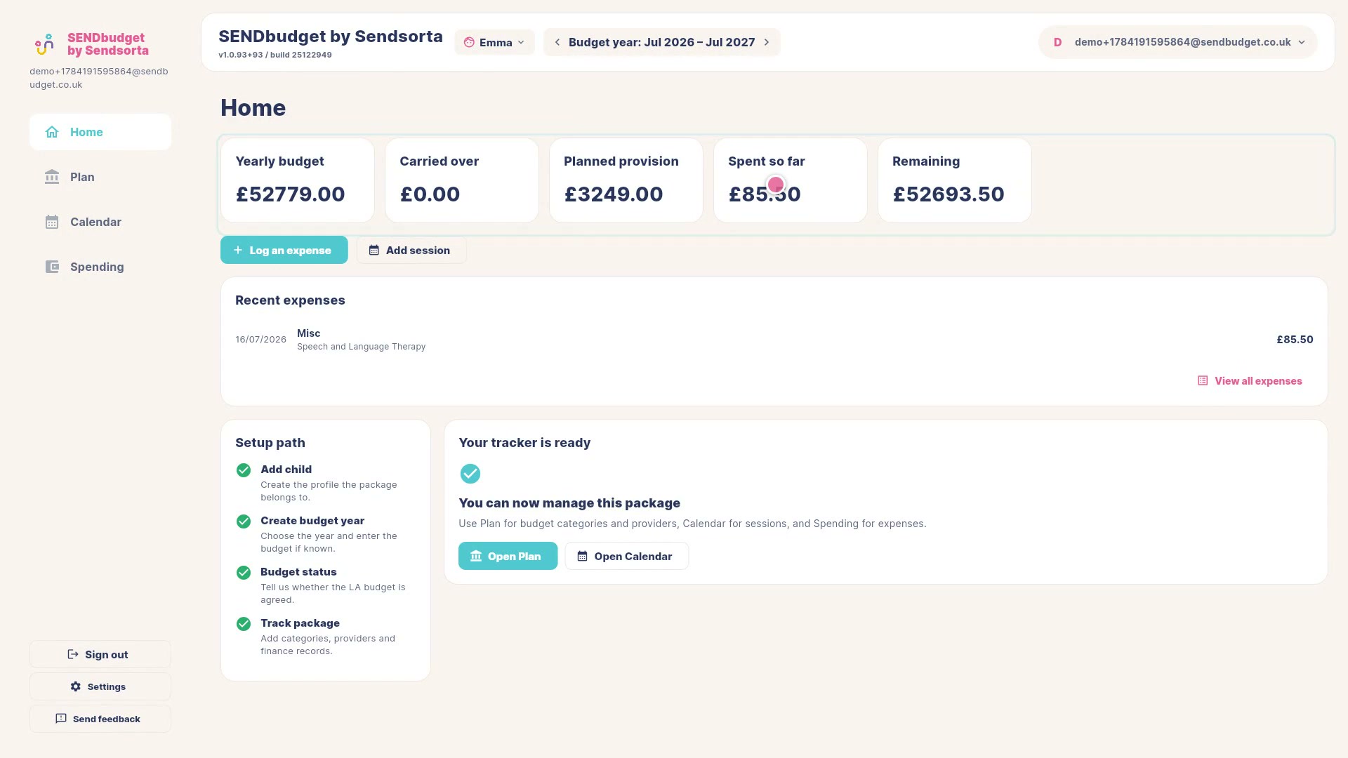 SENDbudget dashboard showing EOTAS package, provider and spend information